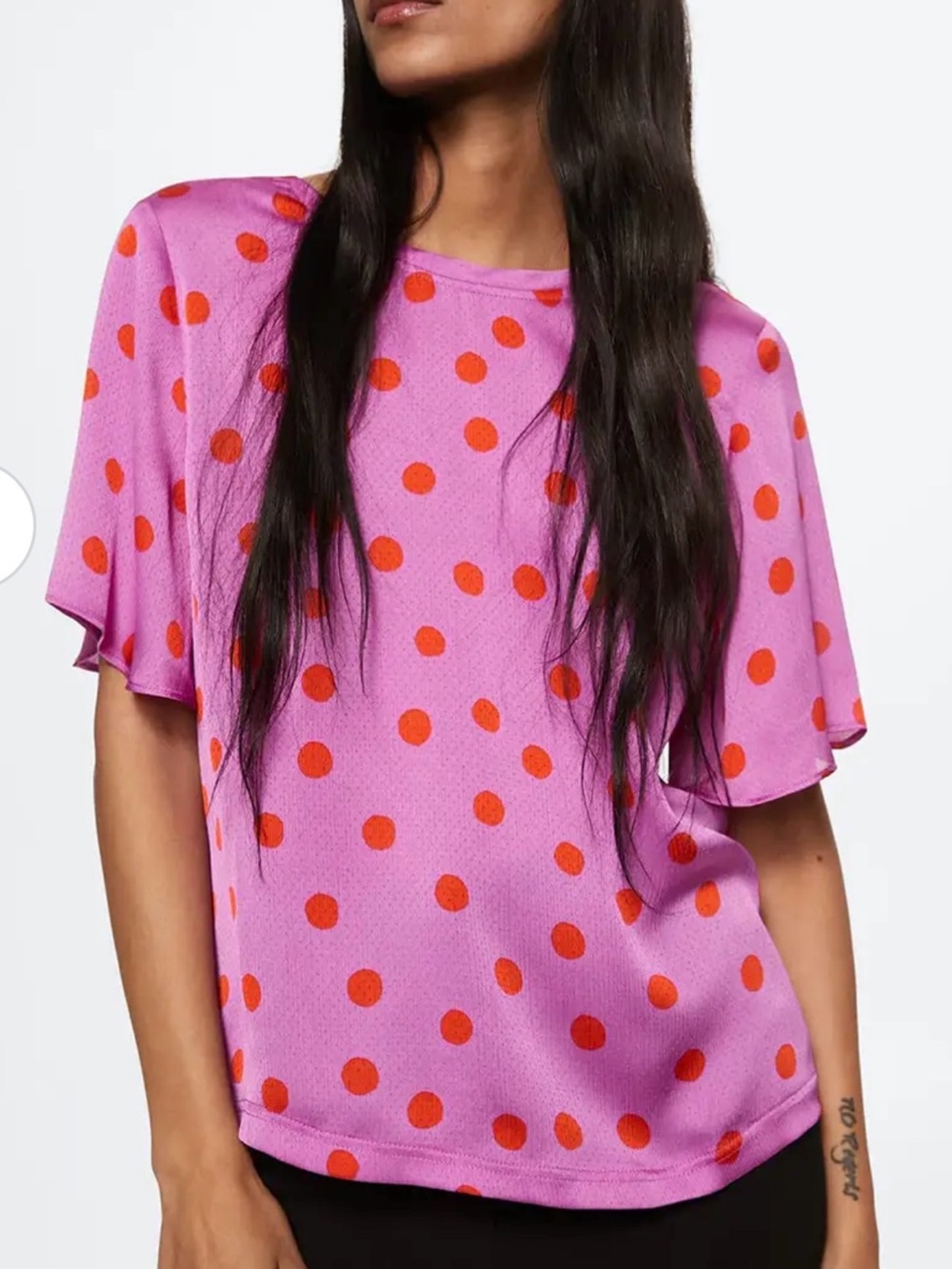 NWT MANGO Pink and Orange Polka Dot Flutter Sleeve Top M Medium